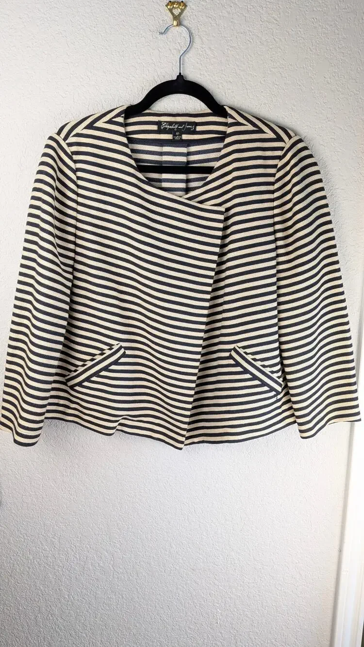Elizabeth and James Draped Front Jacket Size 10 Navy Cream Striped Long Sleeves